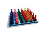 Wooden Educational toy consisting of a blue flat board with 36 holes and 36 multi coloured pegs