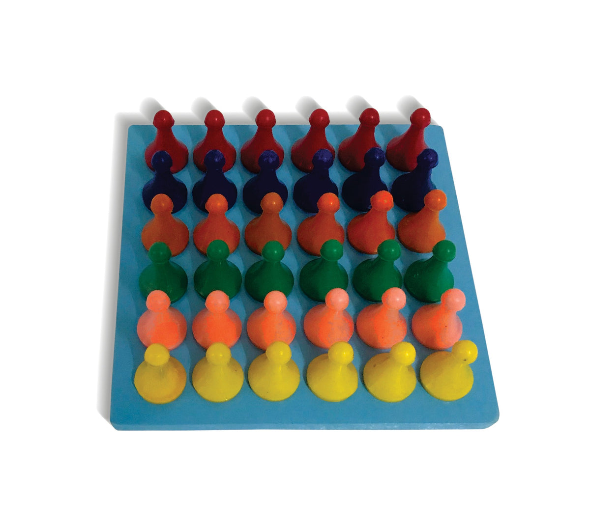 Square pegs mosaic board with rows of red, blue, orange, green and yellow pegs