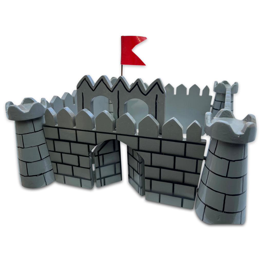Folding fort with red flag, towers and gate, front view