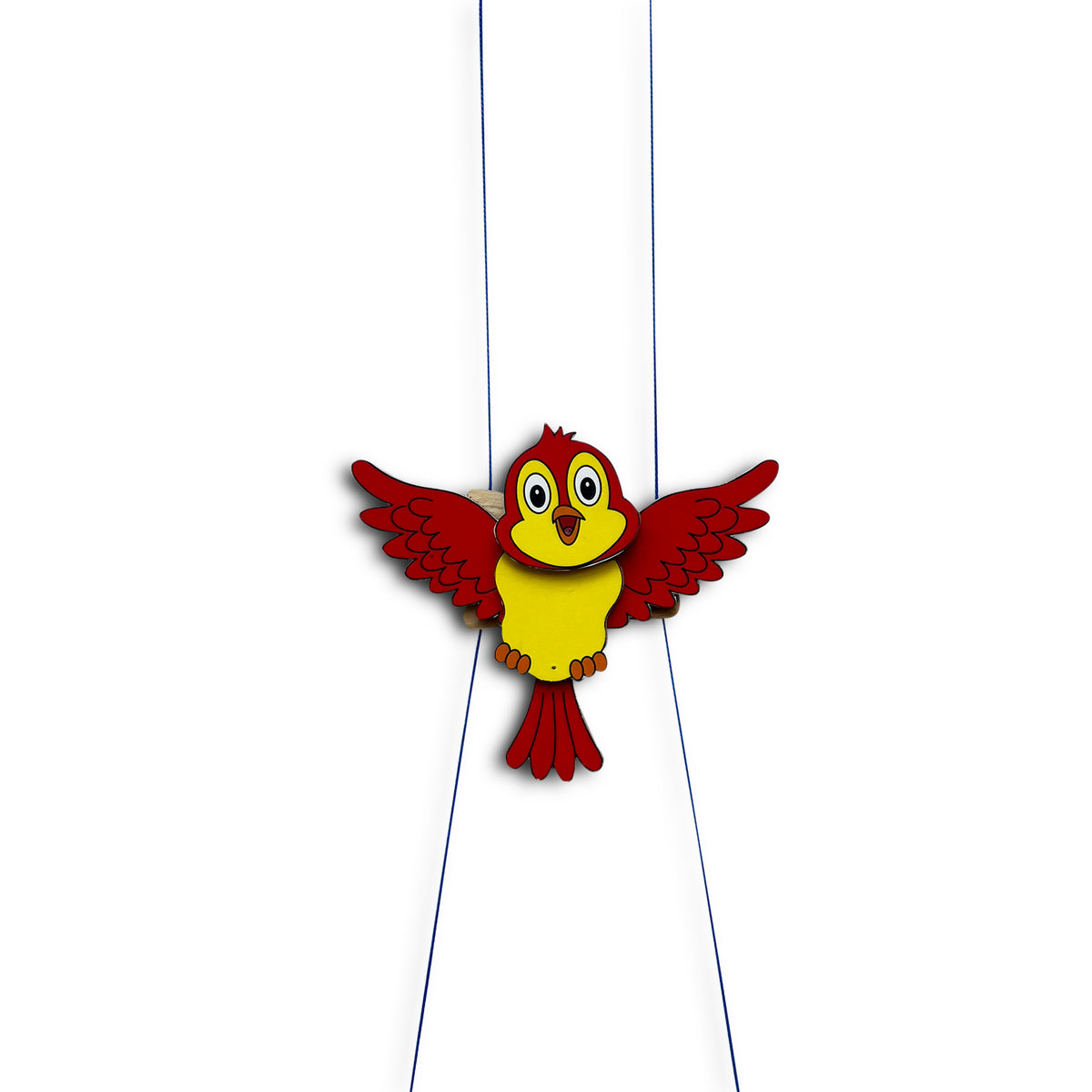 Climbing bird toy with spread red wings on two strings