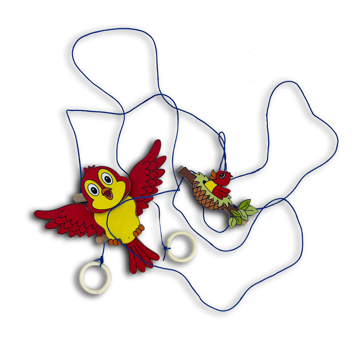 Climbing bird toy with strings and top piece laid out