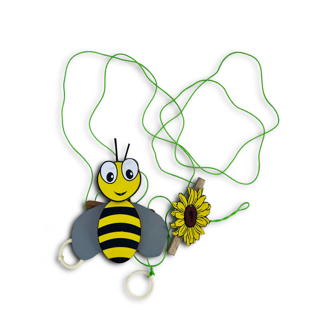 Climbing honeybee toy with strings, ring handles and sunflower top piece