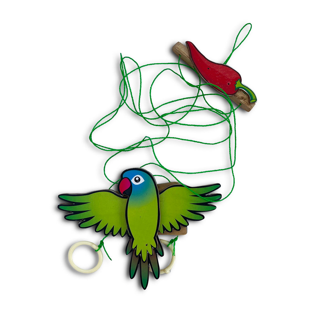 Climbing parrot toy with strings and top piece laid out