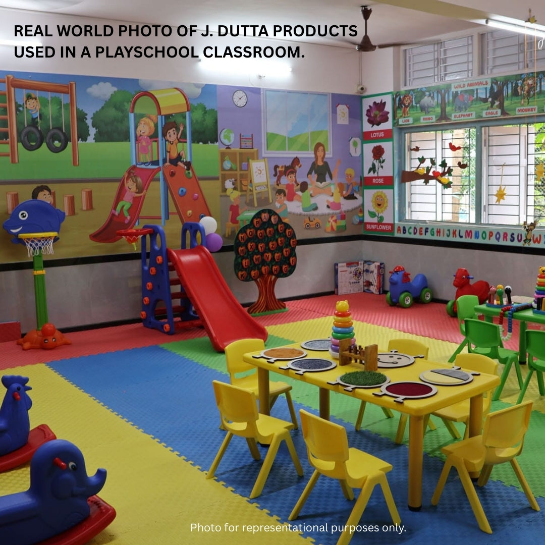 Children's playschool classroom with colorful J. Dutta educational toys, play equipment and TLM