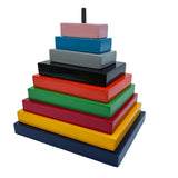 Wooden Stacking toy of colorful rectangular blocks on a white background