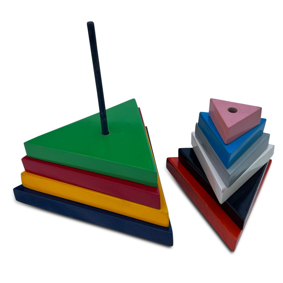 Triangle stacking pyramid half-built with smaller triangles beside it