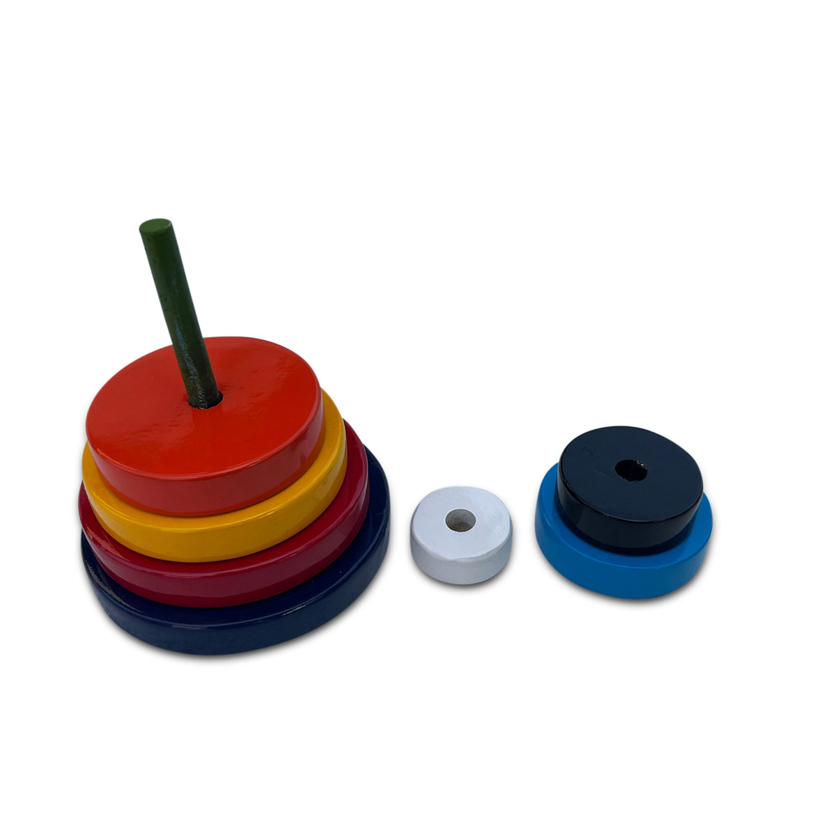 Round stacking pyramid half-built with small rings set aside