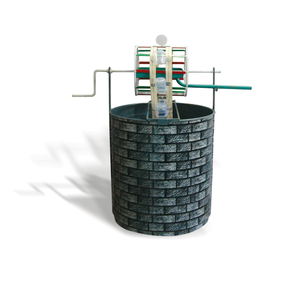 Rahat working model: grey brick well with a wheel, buckets and turning handle