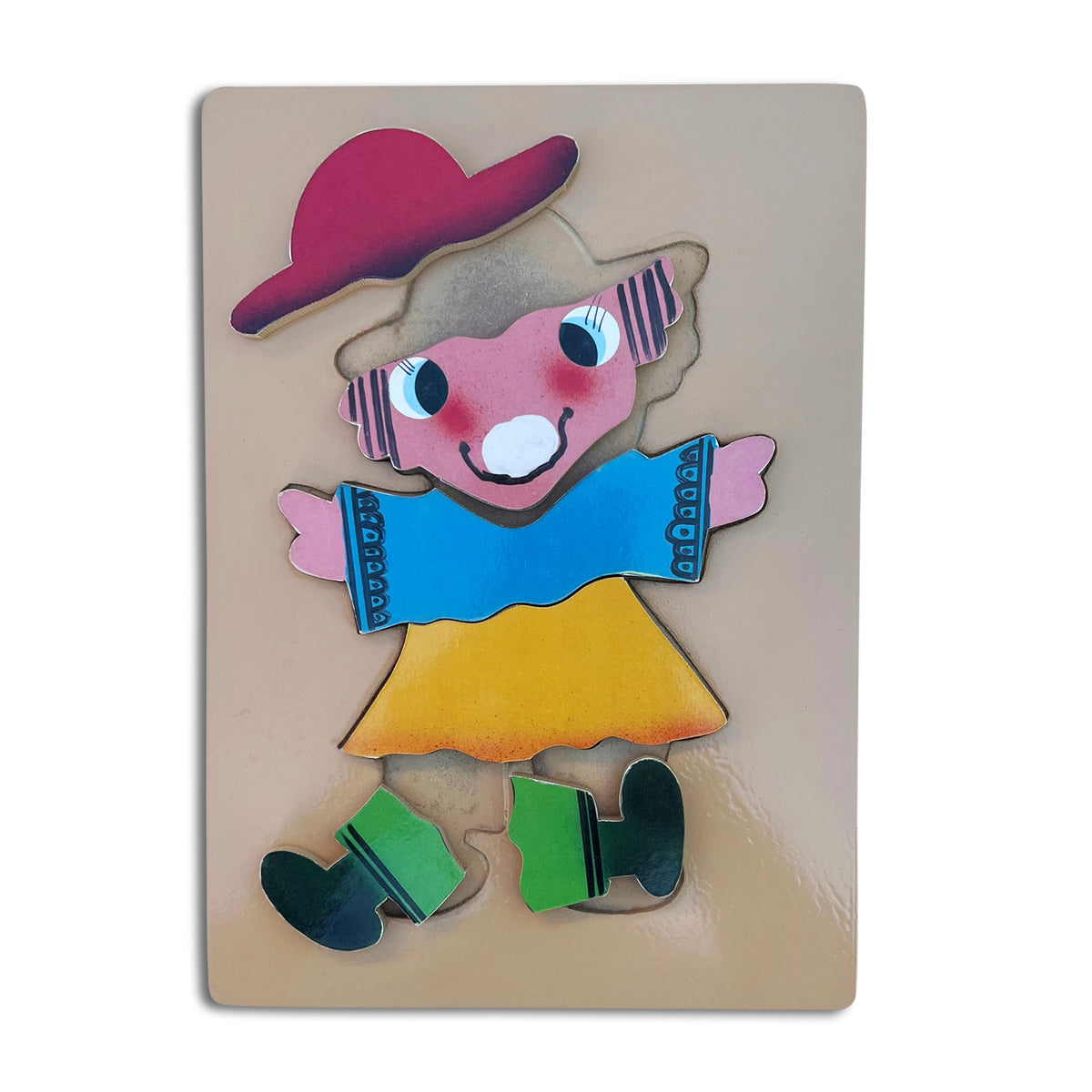 Joker tray puzzle with hat and shoes lifted out