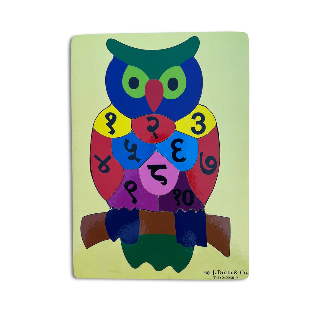 Owl number puzzle with Devanagari numerals १ to १० on a yellow board