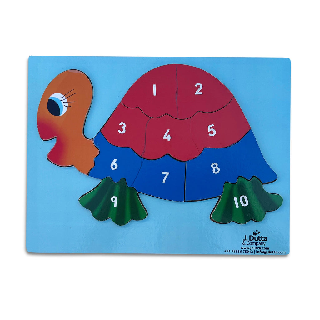 Tortoise number puzzle with shell pieces 1 to 10 on a blue board