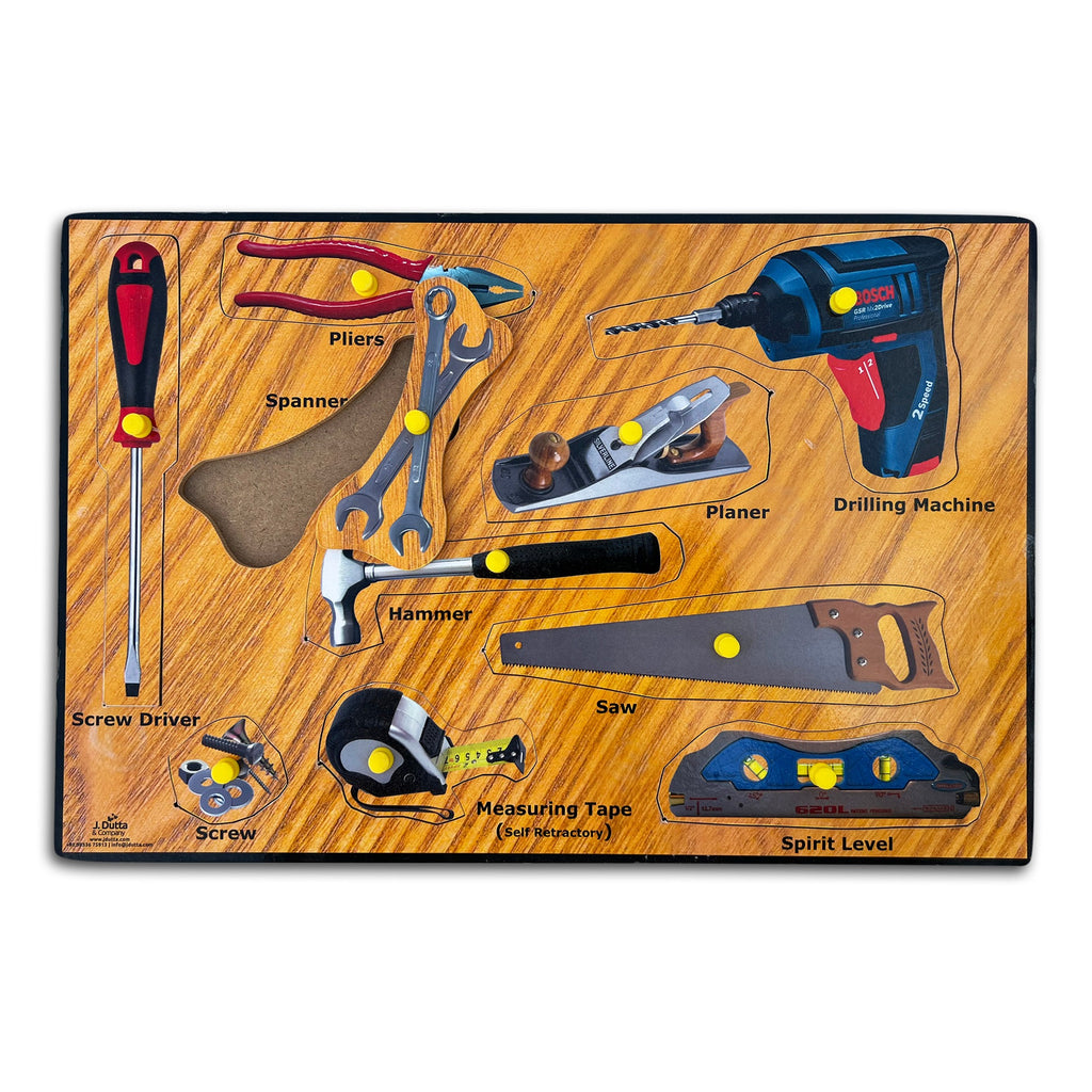 Carpenter's tool set puzzle with labels: drilling machine, planer, spirit level