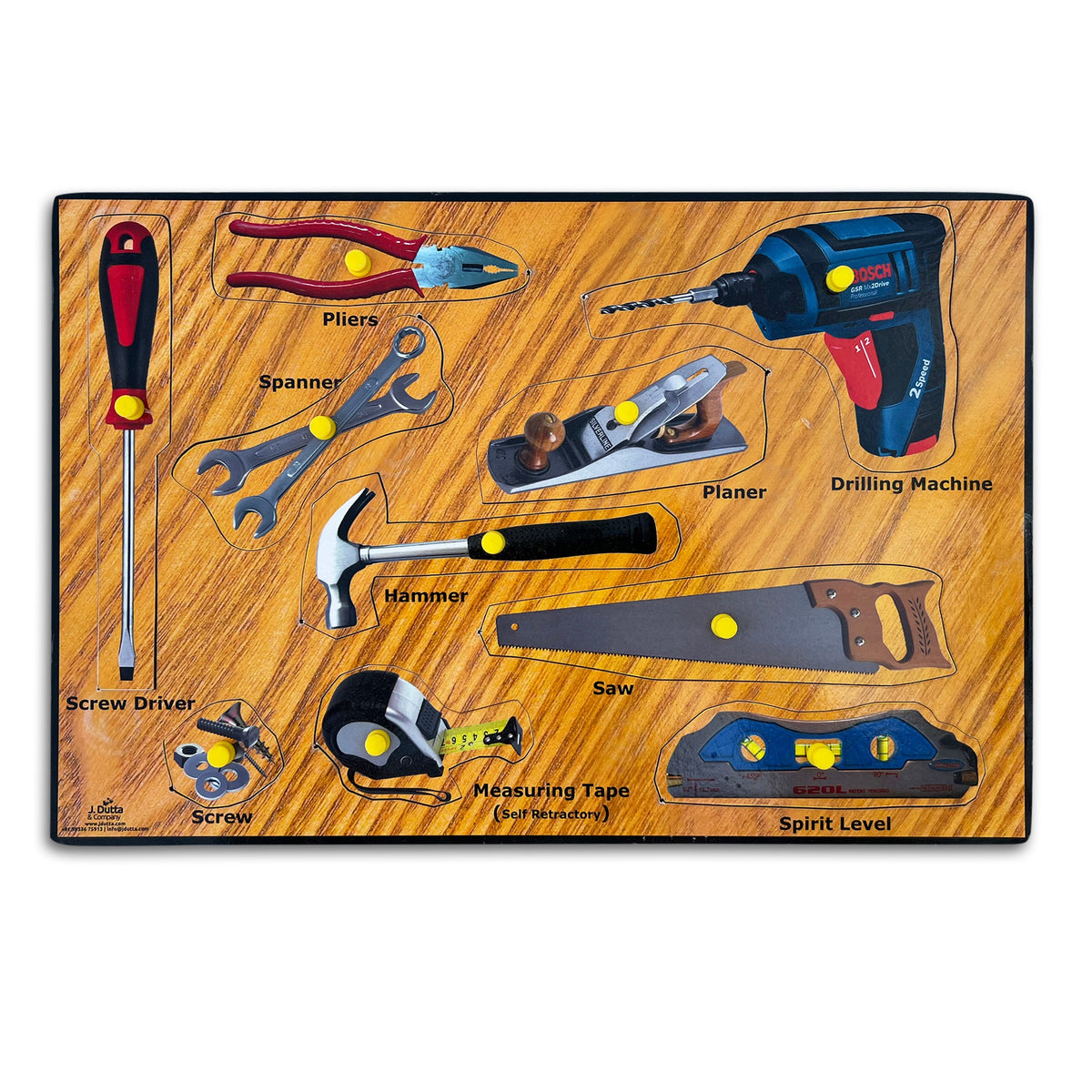 Carpenter's tool puzzle on a wood-pattern board, second view