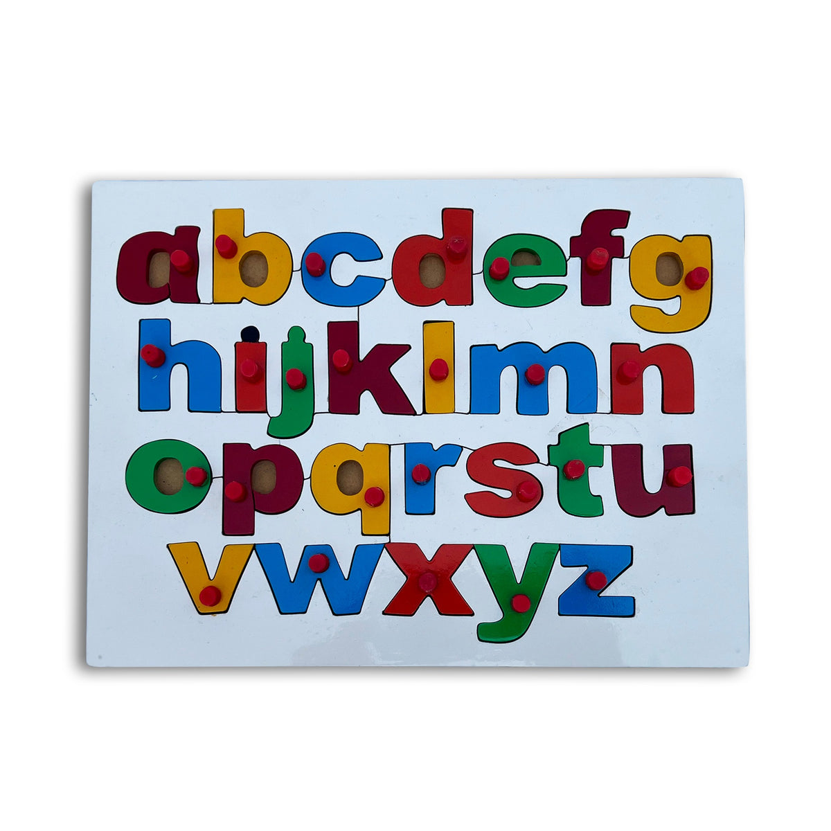 English small letters a–z wooden knob tray puzzle, front view