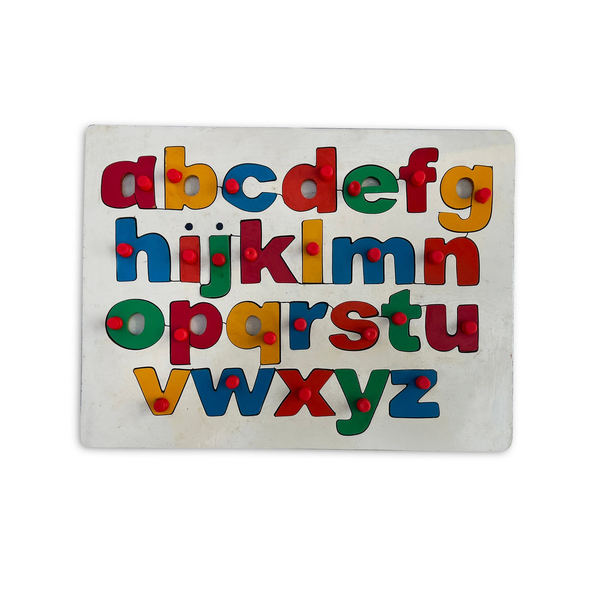 Small letters a–z knob tray puzzle with colourful letter pieces