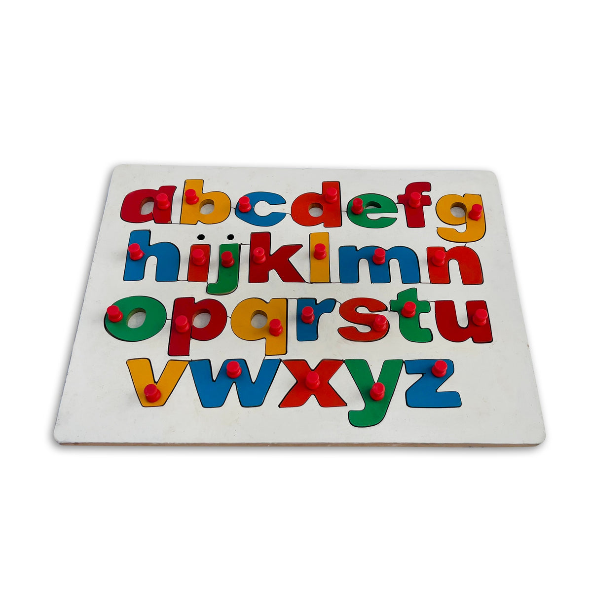 Lower-case alphabet knob puzzle tray shown at an angle