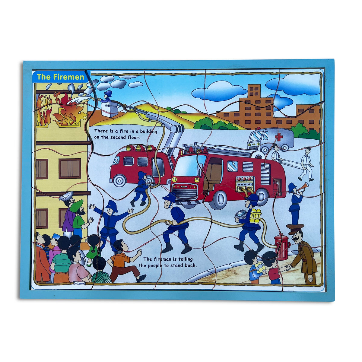 The Firemen 25-piece jigsaw puzzle assembled in its tray