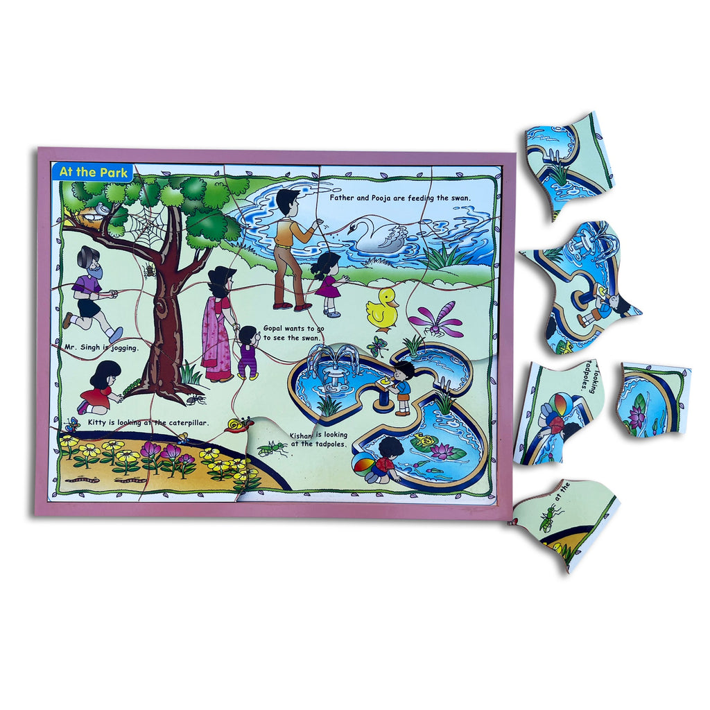 At the Park jigsaw with pieces taken out beside the tray