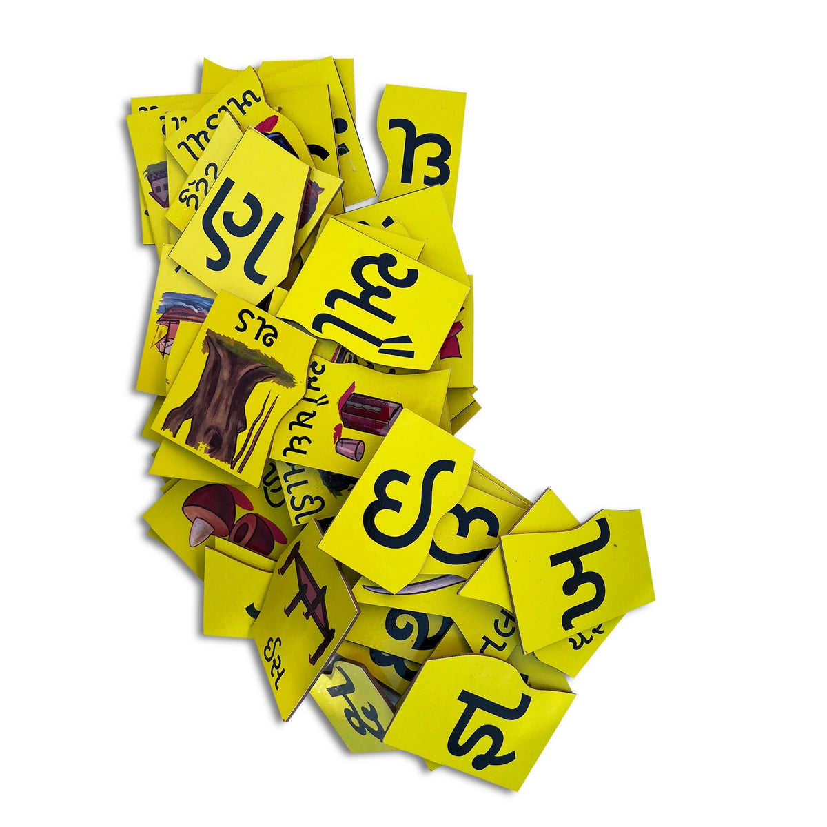 Aksharpeti Gujarati yellow letter and picture tiles in a heap
