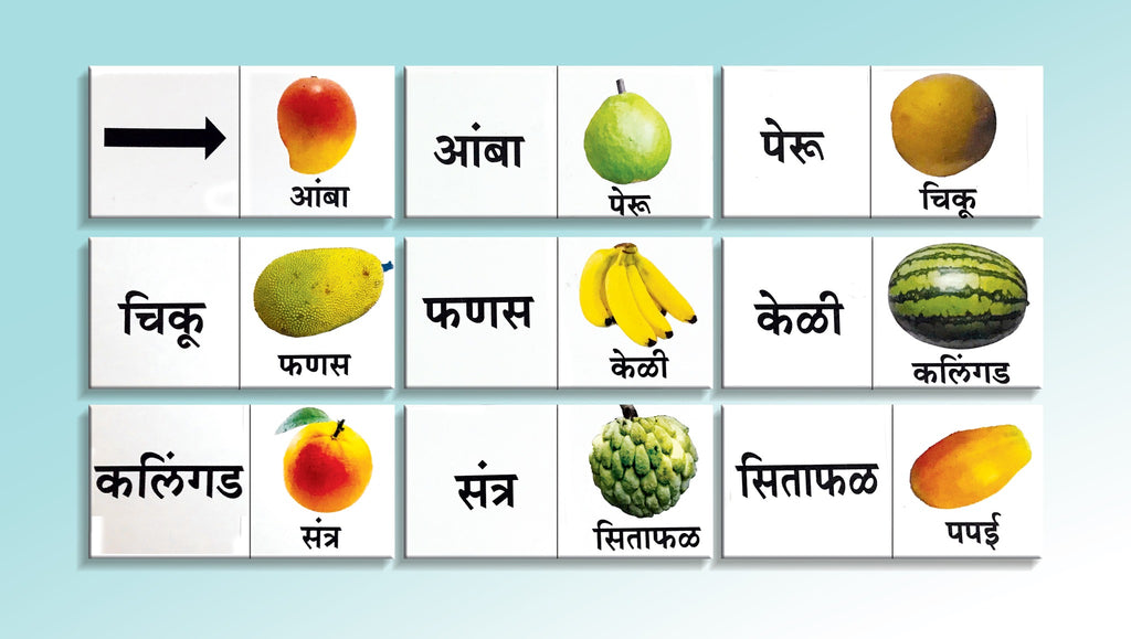 Marathi fruit dominoes laid in a chain: आंबा, पेरू, चिकू, फणस, केळी, कलिंगड