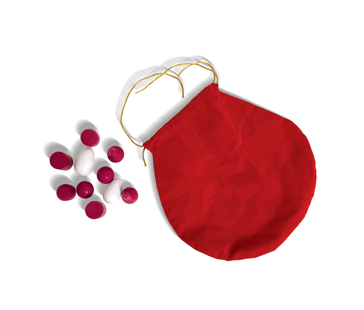 Red stereognostic drawstring bag with pink and white wooden pieces beside it