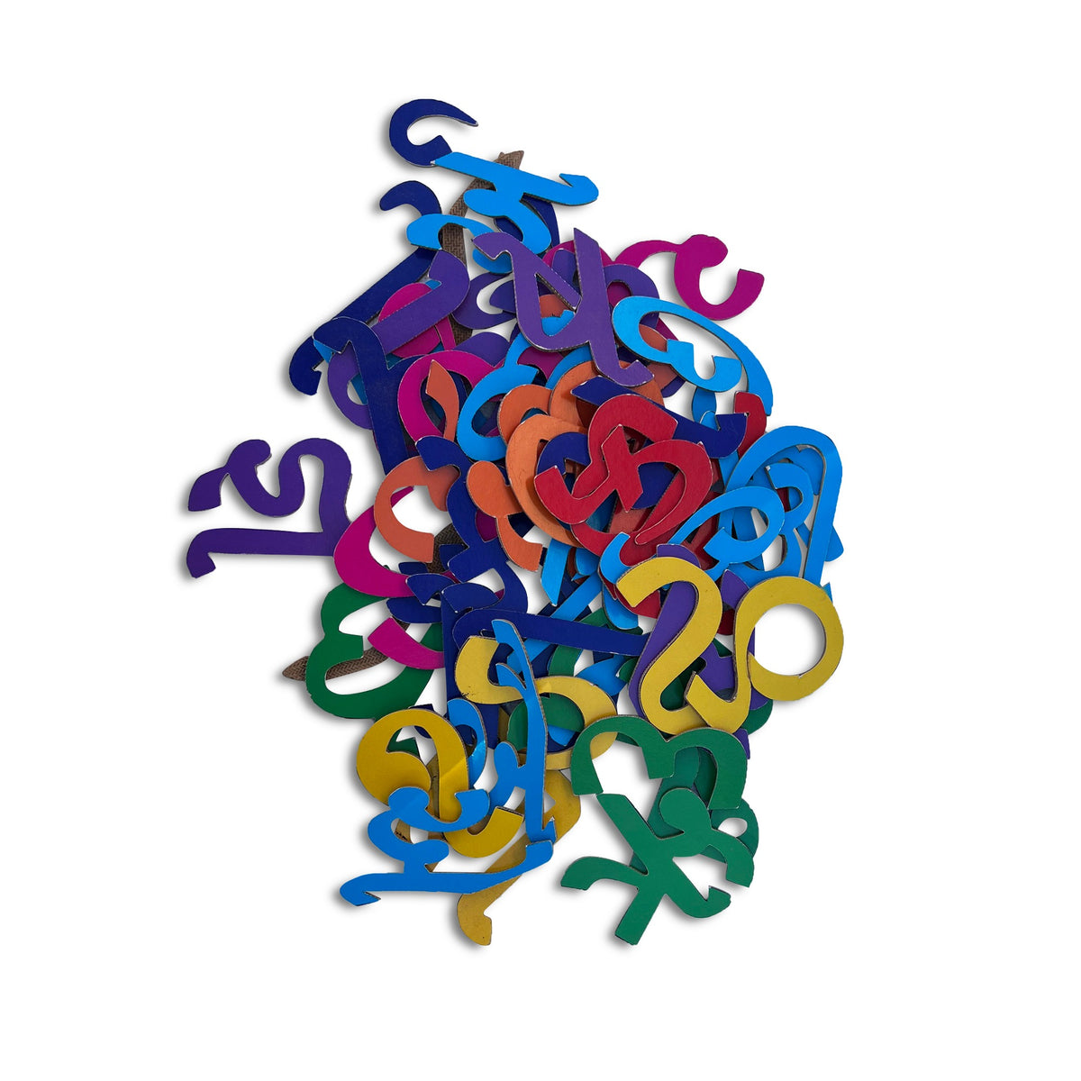 Colourful wooden Gujarati letter cut-outs in a heap