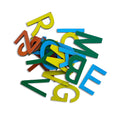 Wooden English capital letter cut-outs in green, yellow, blue and orange