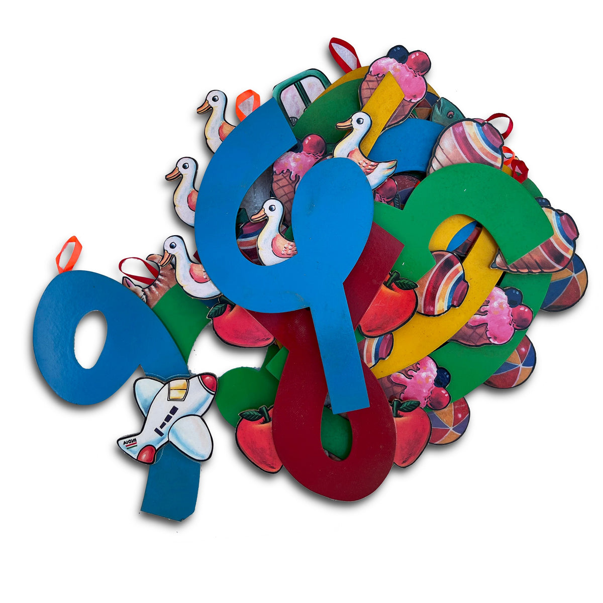 Marathi pictorial number cut-outs piled together with picture counters