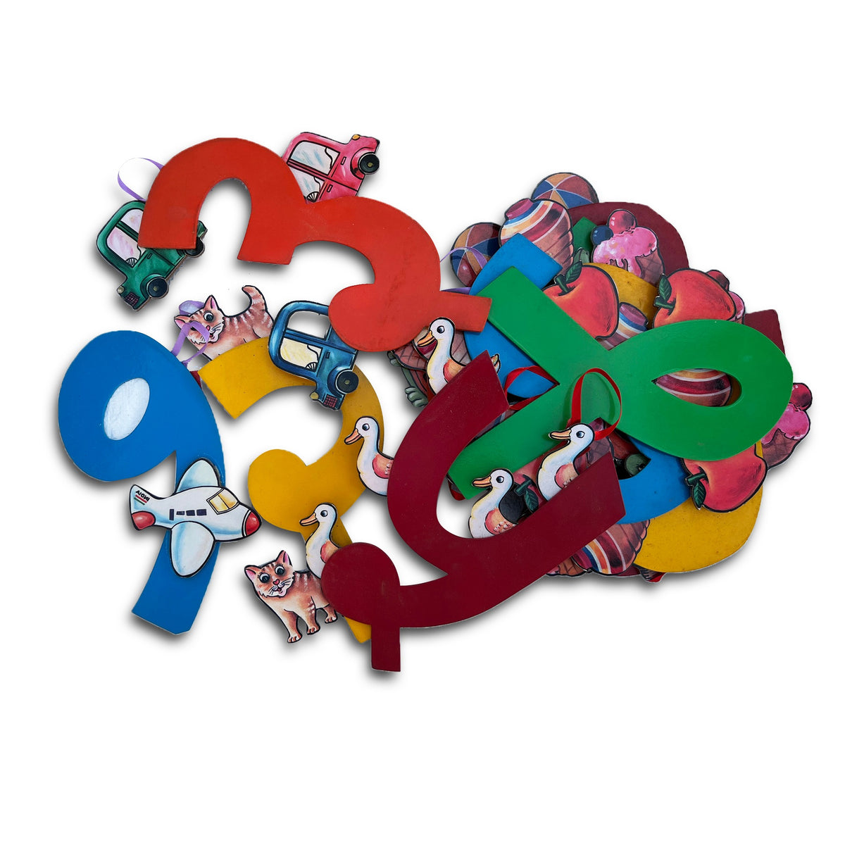 Hindi pictorial number cut-outs with picture counters: cars, ducks, cats and aeroplanes