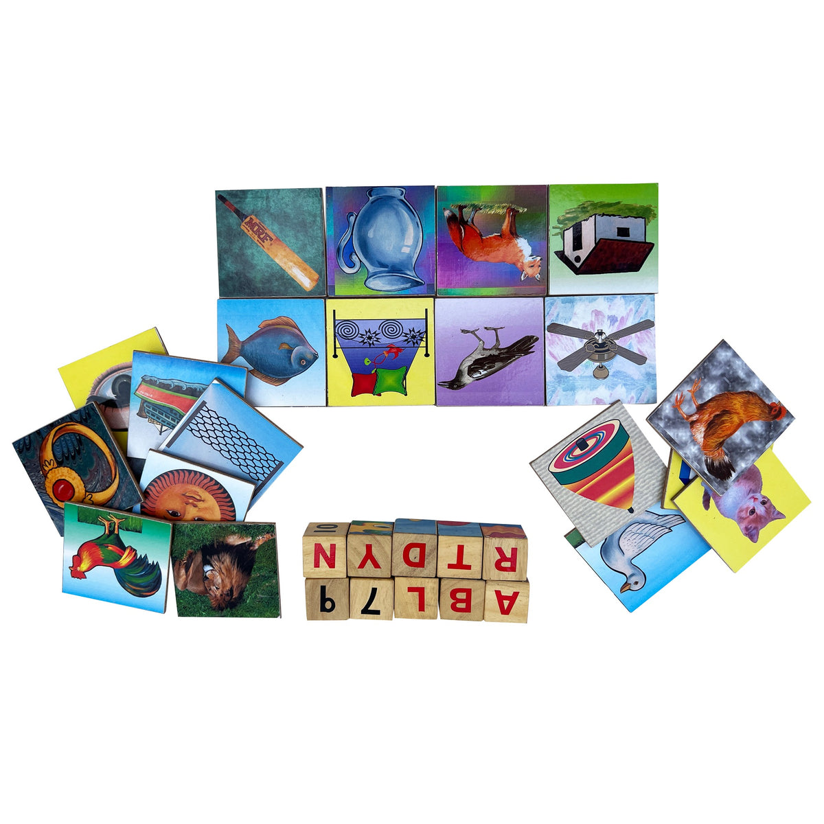 Picture cards with wooden letter cubes for spelling the words