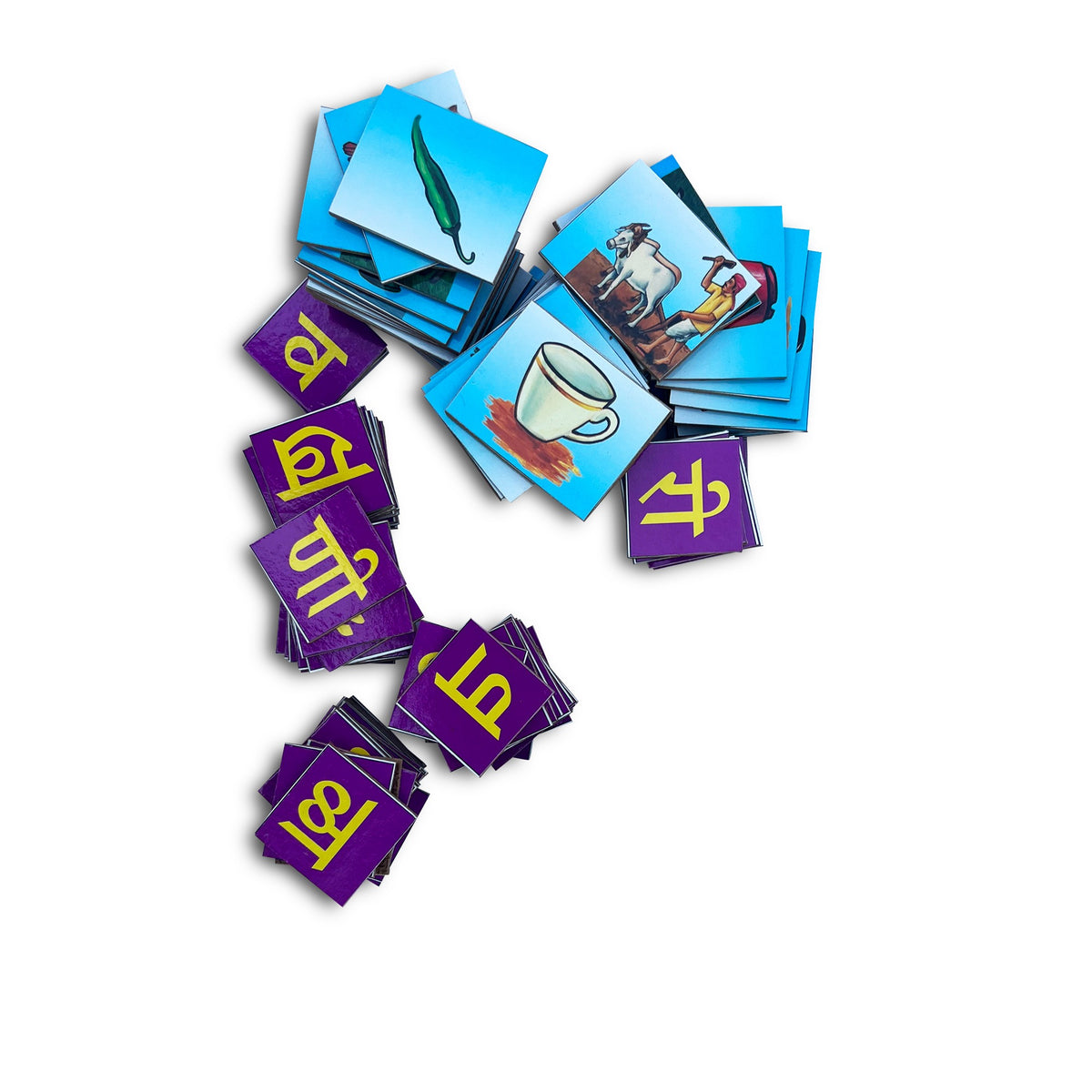 Marathi match and spell set: picture cards and purple letter tiles