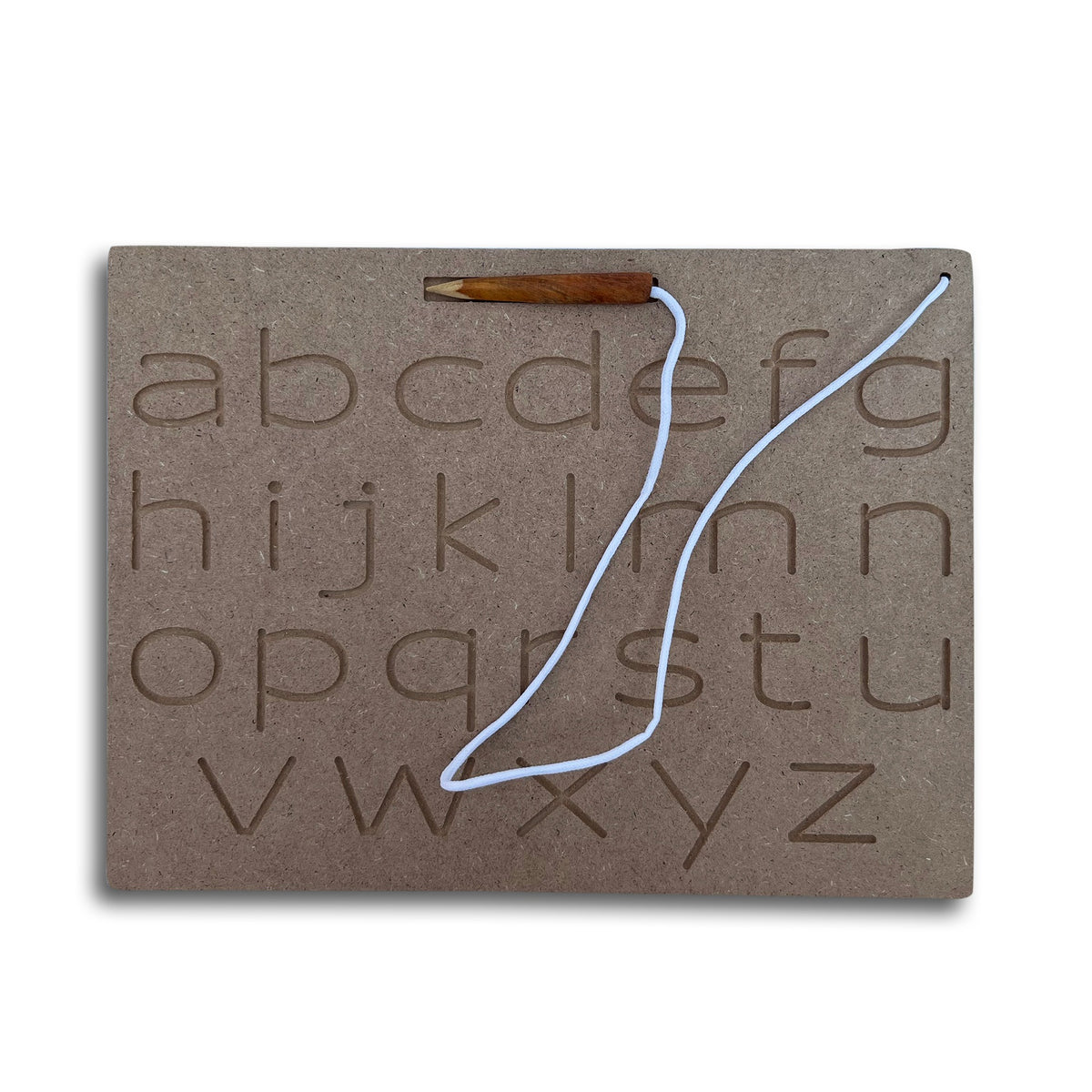 Wooden board carved with English small letters a–z and an attached stylus