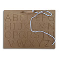 Wooden board carved with English capital letters A–Z and an attached stylus