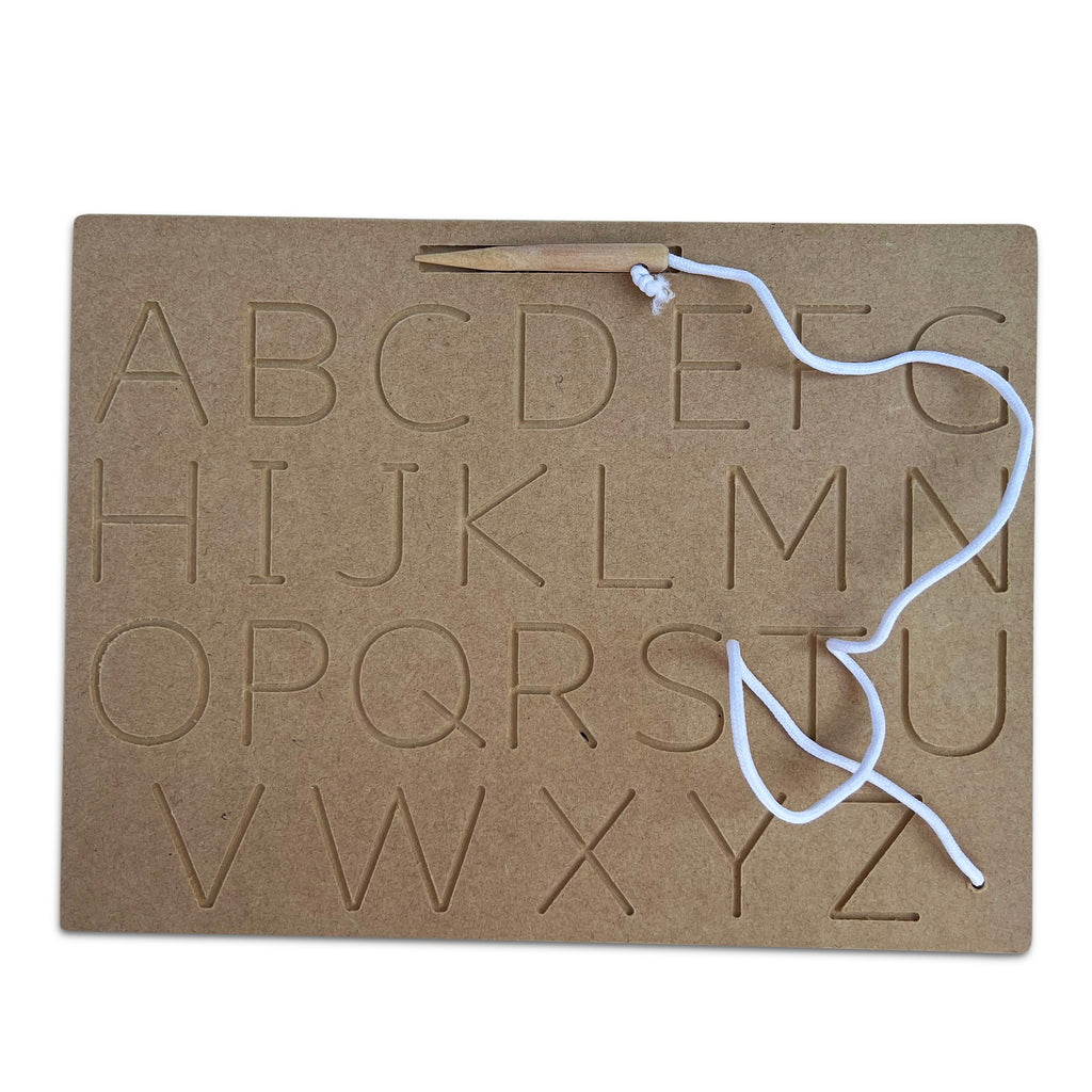 Carved English capital letters board A to Z with a wooden stylus on a cord