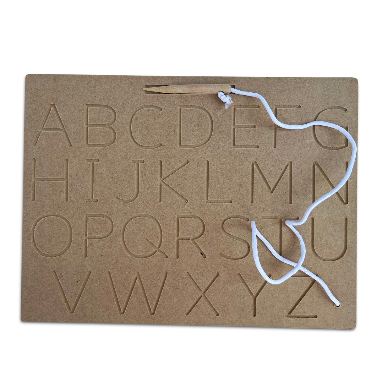 Carved English capital letters board A to Z with a wooden stylus on a cord