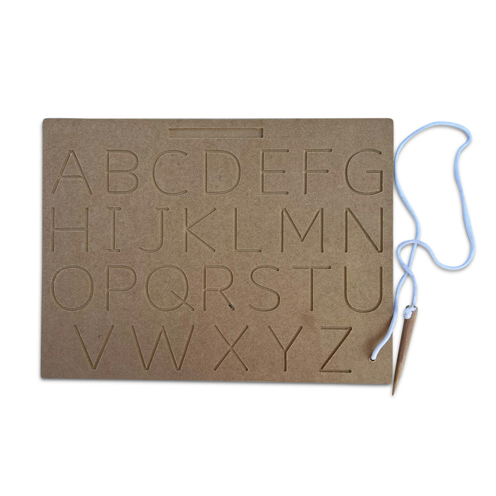 Capital letters carved board A–Z with stylus, angled view