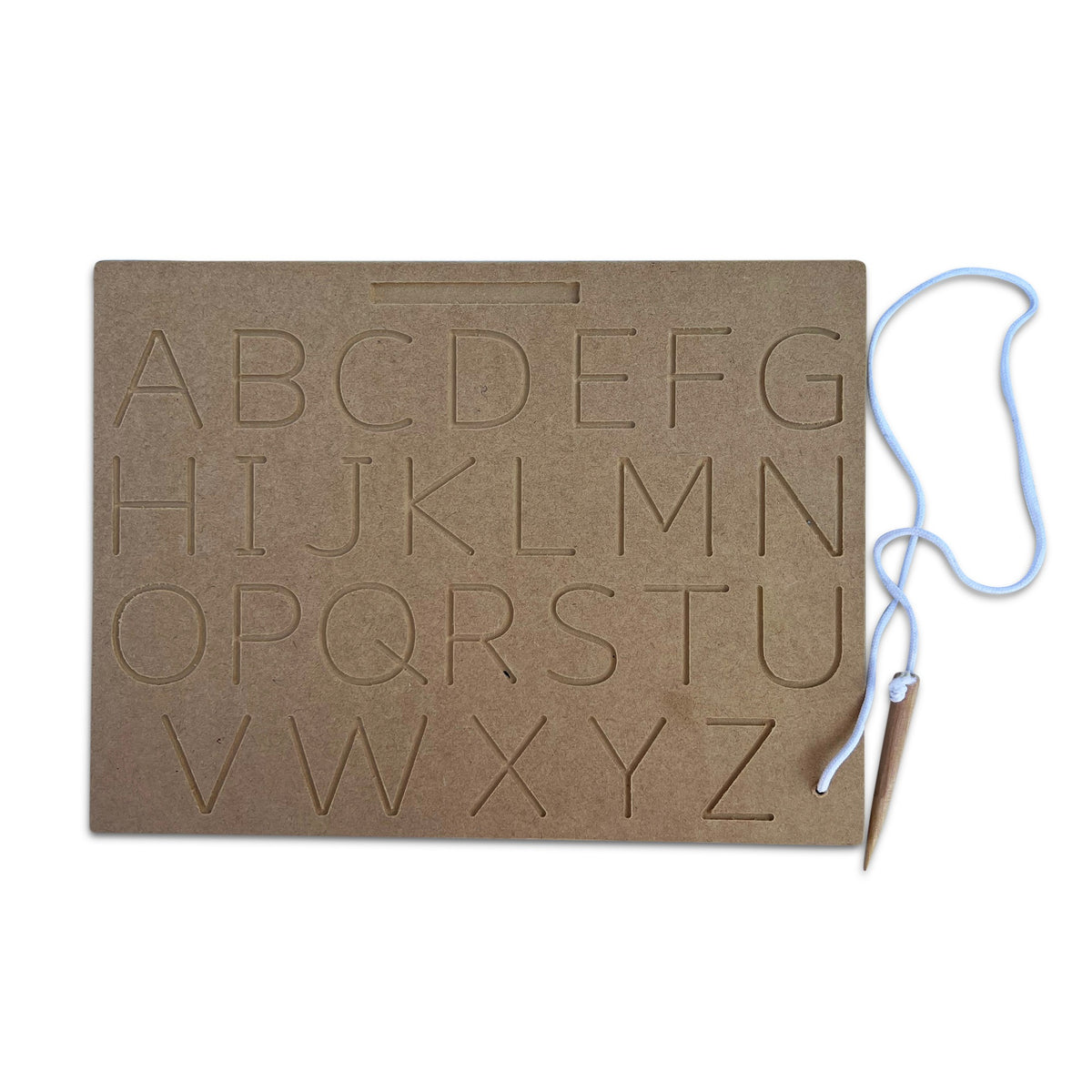 Capital letters carved board A–Z with stylus, angled view