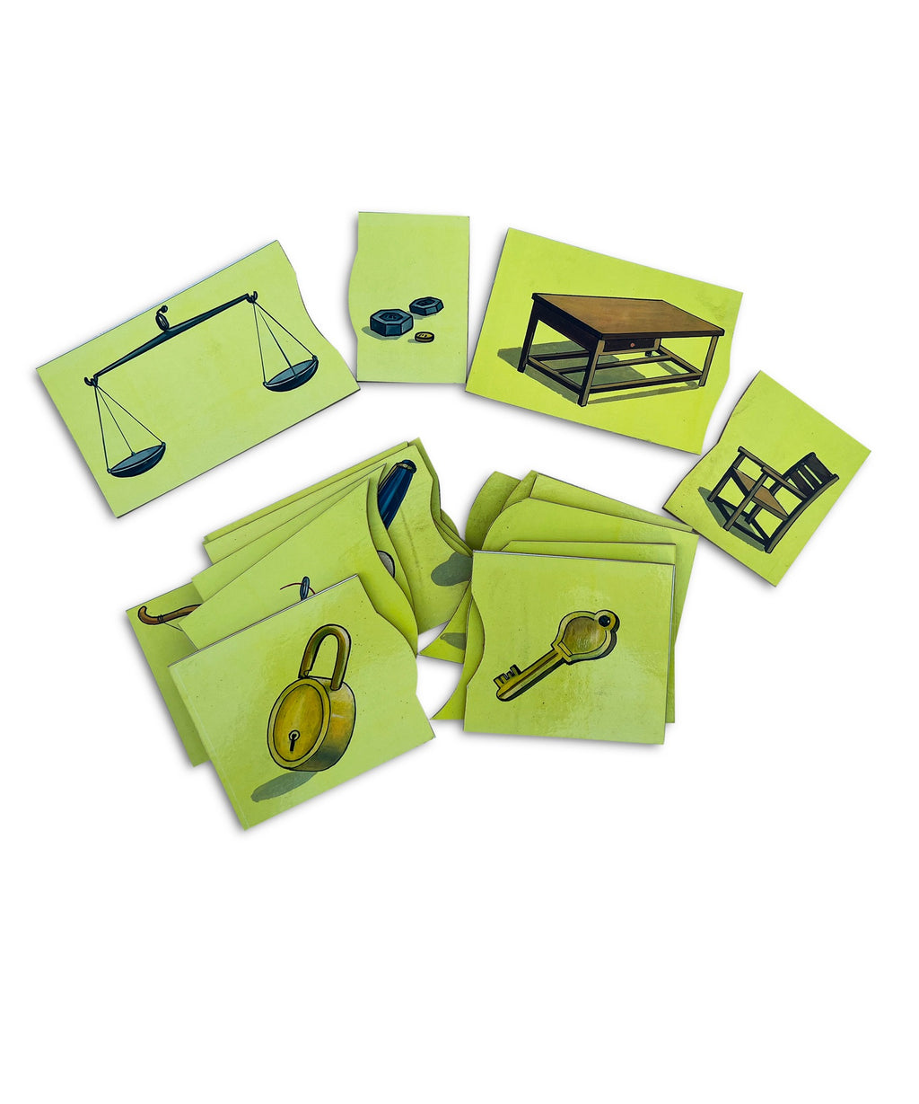 Make Pairs jigsaw cards: lock and key, scale and weights
