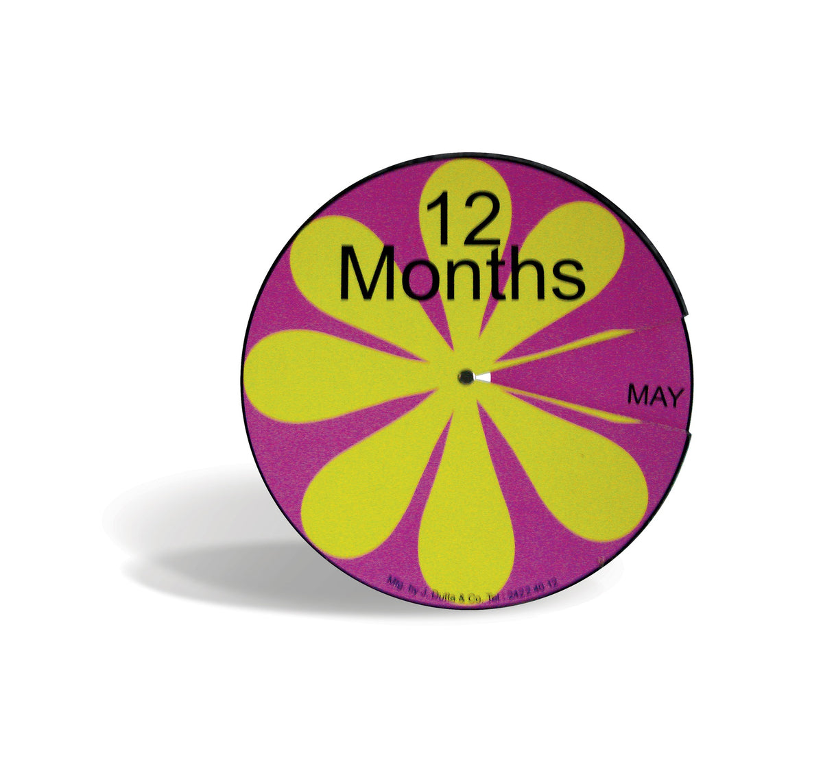 12 Months revolving wheel in pink and yellow showing MAY
