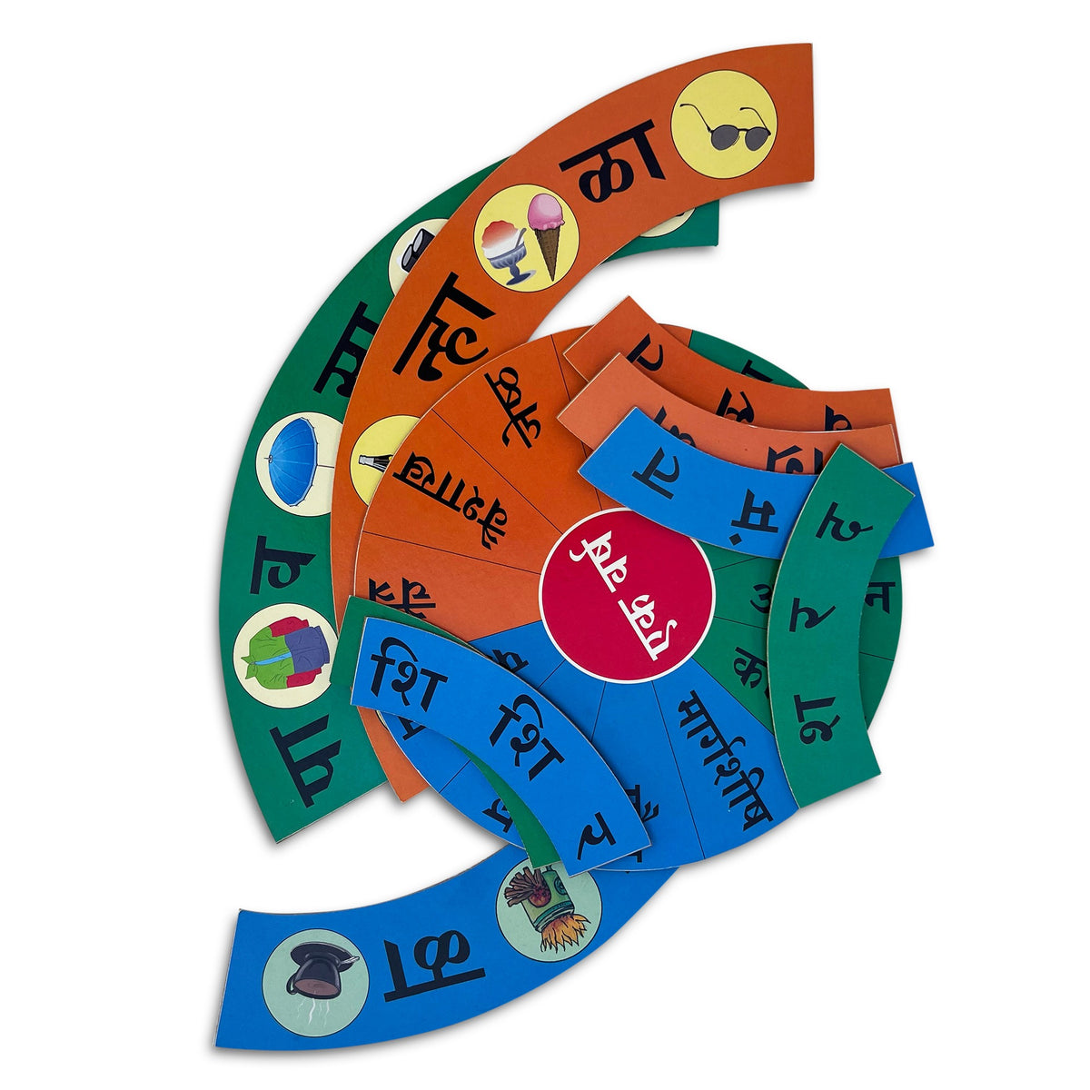 Marathi seasons set: curved coloured rings with season names, months and pictures around the centre