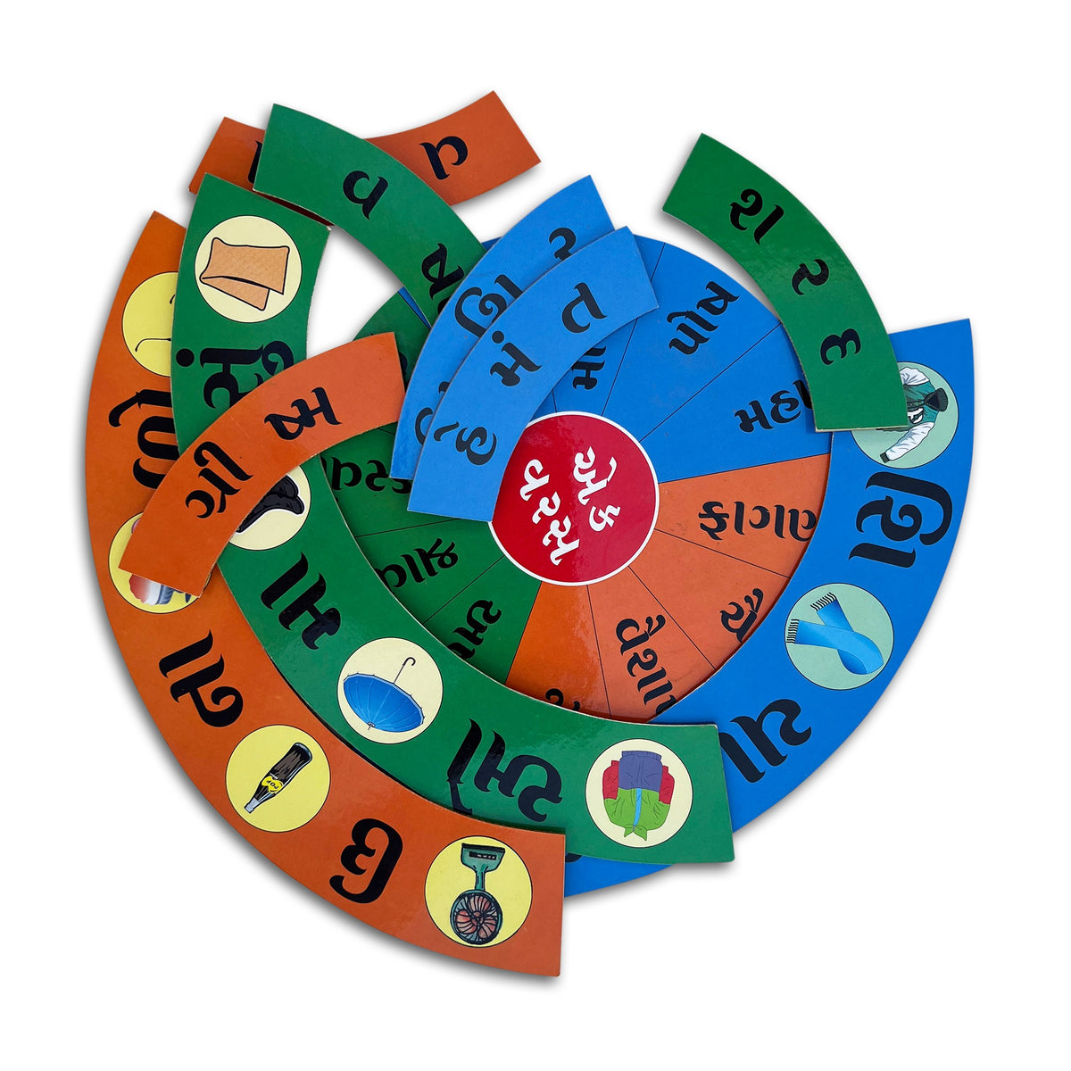 Gujarati seasons set: curved coloured rings with season names, months and pictures around the centre