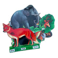 Big wild animal cut-outs: fox, elephant, deer with English and Marathi labels