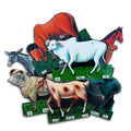 Big domestic animal cut-outs with English and Marathi labels: bull, goat, sheep, horse