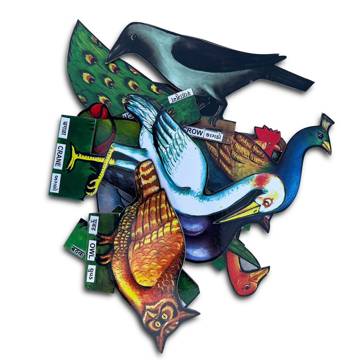 Small bird cut-outs: crow, peacock, crane, owl and more with labels
