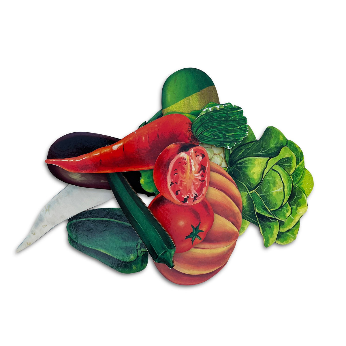 Vegetable cut-outs: tomato, cabbage, chilli, pumpkin