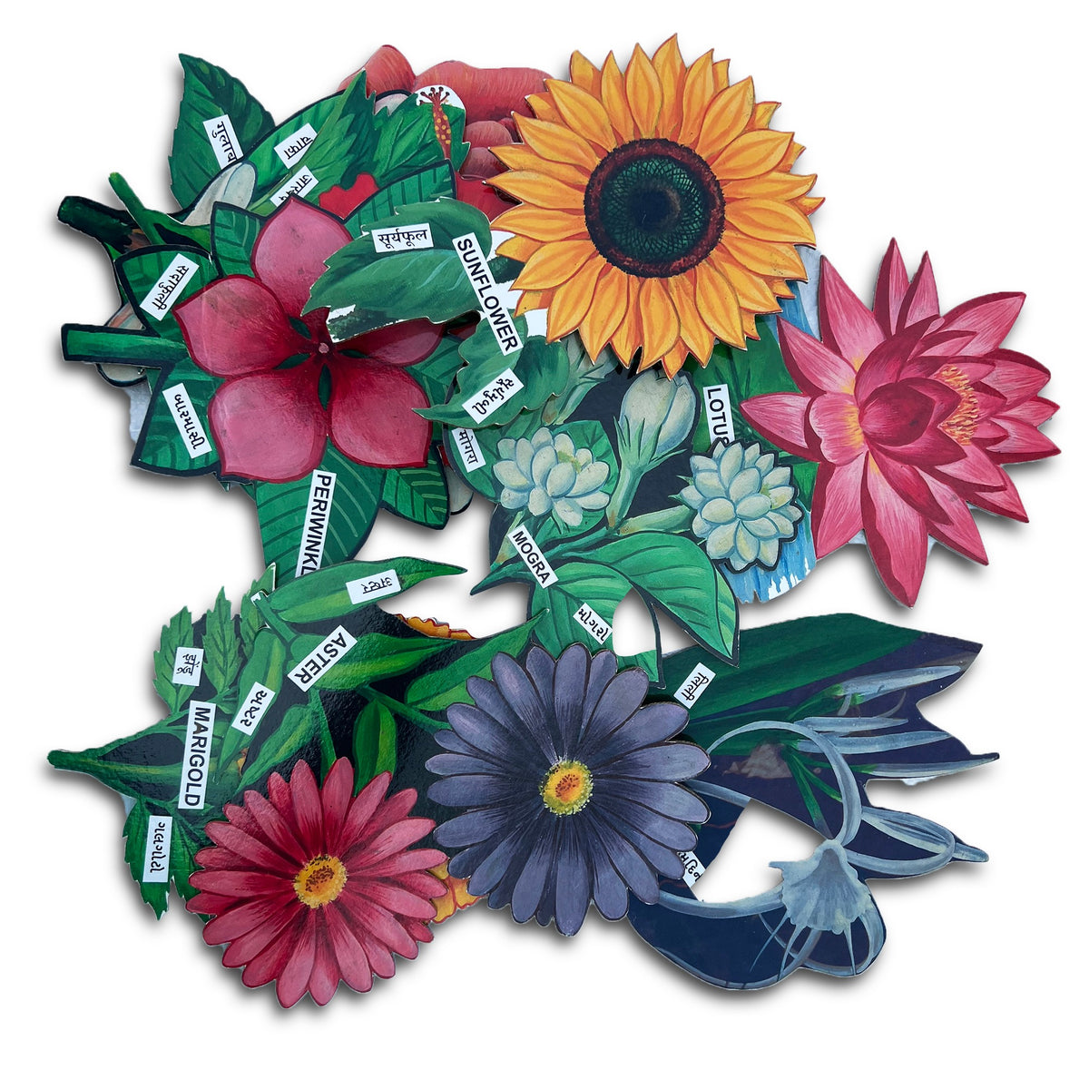 Flower cut-outs in a colourful pile with name labels