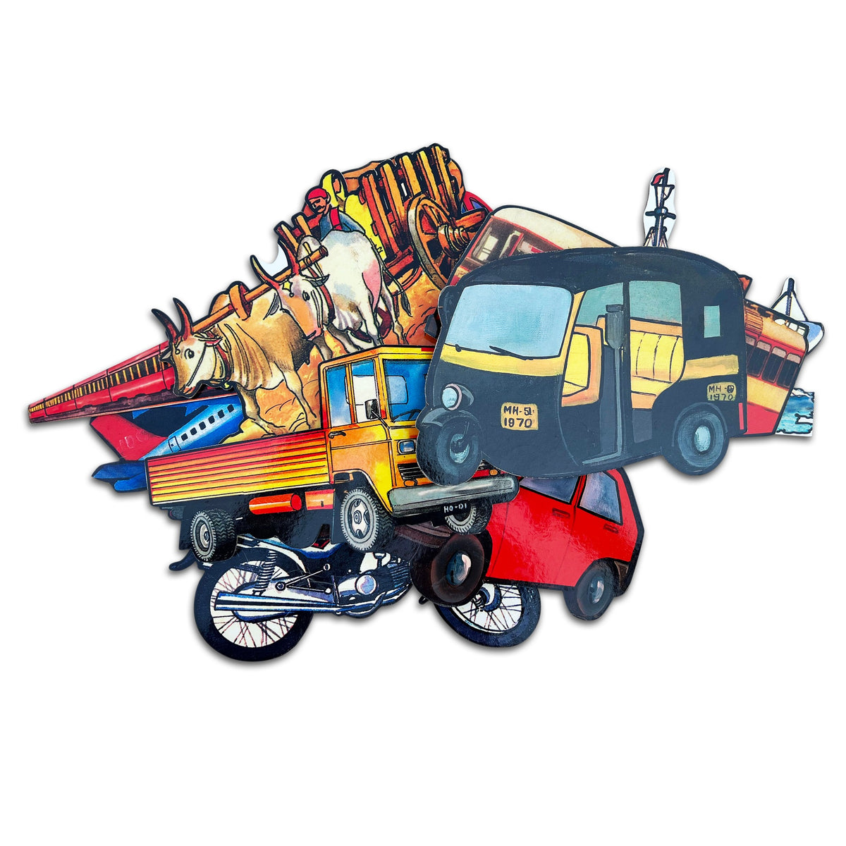 Vehicle cut-outs: auto rickshaw, truck, motorbike, bullock cart