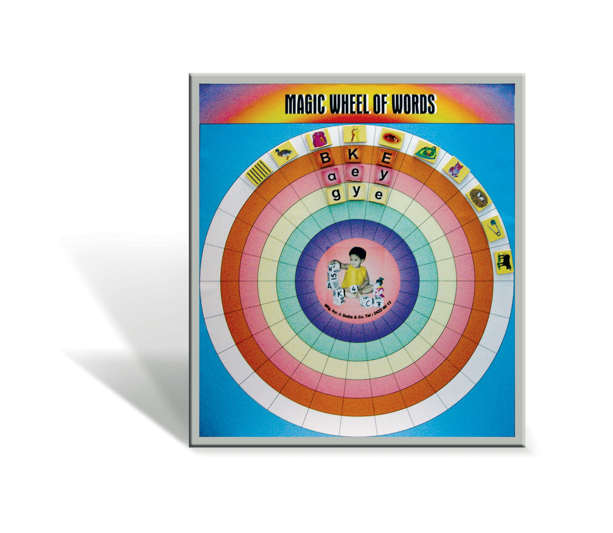 Magic Wheel of Words board with picture tiles and letters on the outer ring