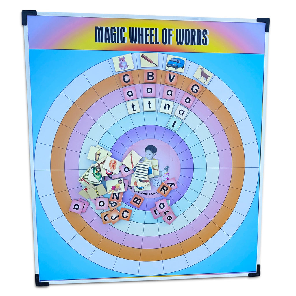 Magic Wheel of Words with Cat, Bat and Van spelt in letter tiles, more tiles in the centre
