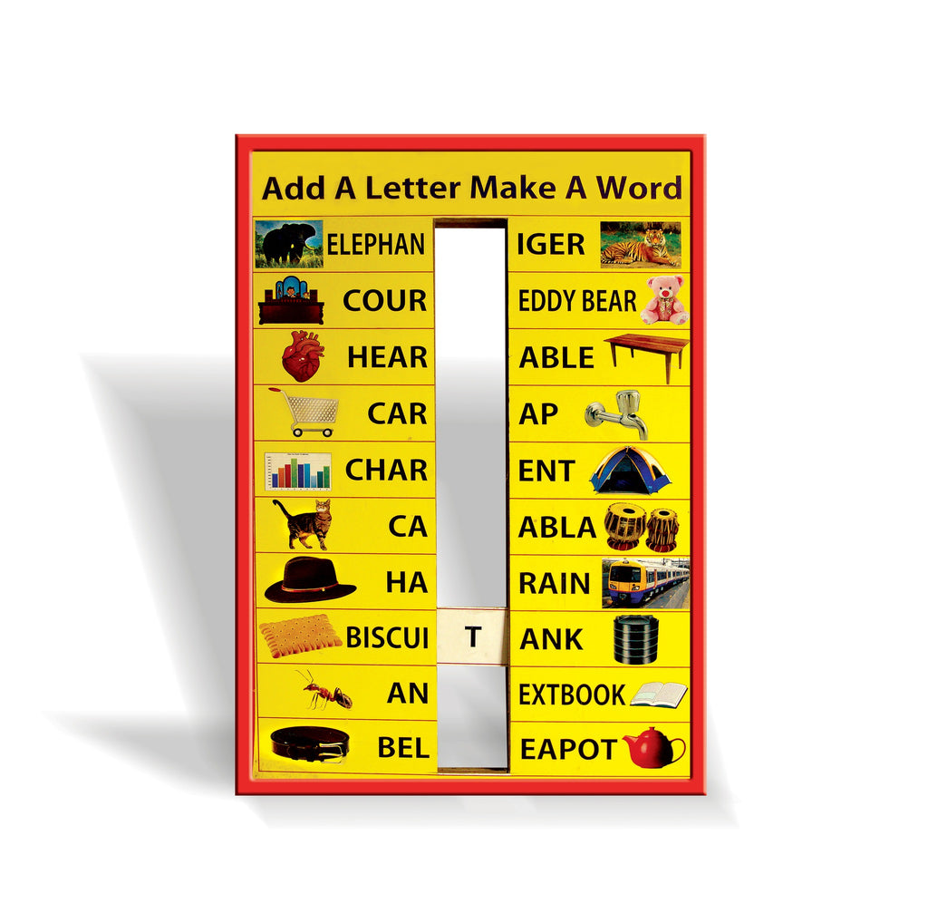 Add a Letter Make a Word English board, angled view with picture words